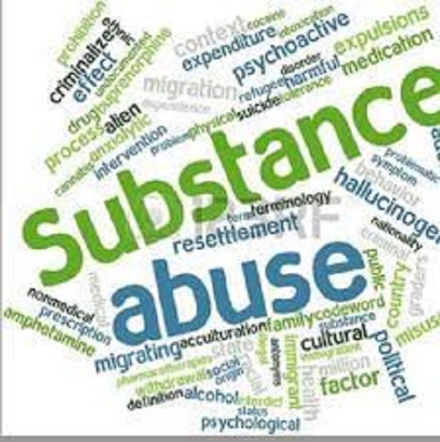Collage image with the word substance abuse repeating.